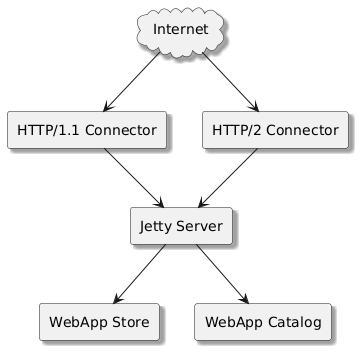 @startuml
skinparam style strictuml
skinparam shadowing true
skinparam componentStyle rectangle
skinparam defaultTextAlignment center

cloud "Internet" as Internet

rectangle "HTTP/1.1 Connector" as HTTP11
rectangle "HTTP/2 Connector" as HTTP2

rectangle "Jetty Server" as Jetty

rectangle "WebApp Store" as Store
rectangle "WebApp Catalog" as Catalog

Internet --> HTTP11
Internet --> HTTP2

HTTP11 --> Jetty
HTTP2 --> Jetty

Jetty --> Store
Jetty --> Catalog
@enduml